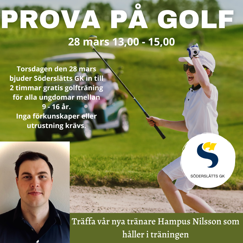 🌟 Är du mellan 9 och 16 år och nyfiken på golf? 🌿⛳ Söderslätts GK bjuder in DIG till en exklusiv chans att prova på golf helt GRATIS! 🎉